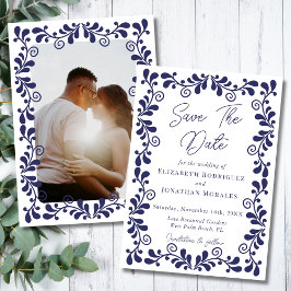 Reserva La Fecha Fiesta Mexicana Elegante Blanco Azul Talavera Foto