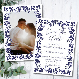 Reserva La Fecha Fiesta Mexicana Elegante Talavera Azul Blanco Foto