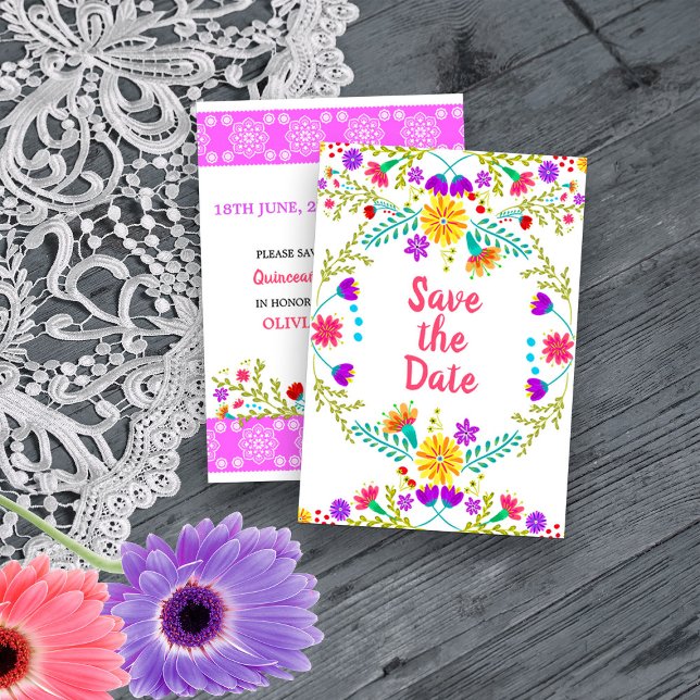 Reserva La Fecha Fiesta mexicana floral y papel picado blanco (Save the Date card from my Mexican Fiesta Flowers Quinceanera Collection)