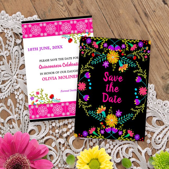 Reserva La Fecha Fiesta mexicana floral y picado de papel - negro (Quinceanera save the date with papel picado from my Mexican Fiesta Floral collection
)