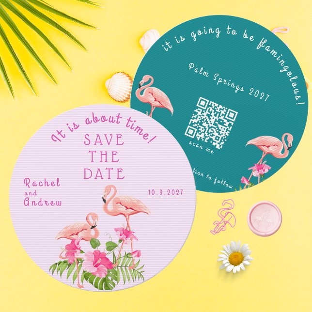 Reserva La Fecha Flamingo floral tropical Boda verde negrita rosa (Tropical Floral Flamingo Bold Pink Green Wedding Save The Date)