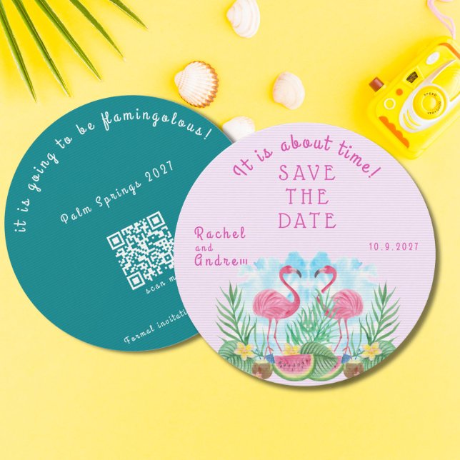 Reserva La Fecha Flamingo floral tropical Boda verde negrita rosa (Tropical Floral Flamingo Bold Pink Green Wedding Save The Date)