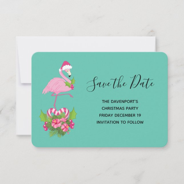 Reserva La Fecha Flamingo rosa en Santa Hat Navidades caprichosos (Anverso)