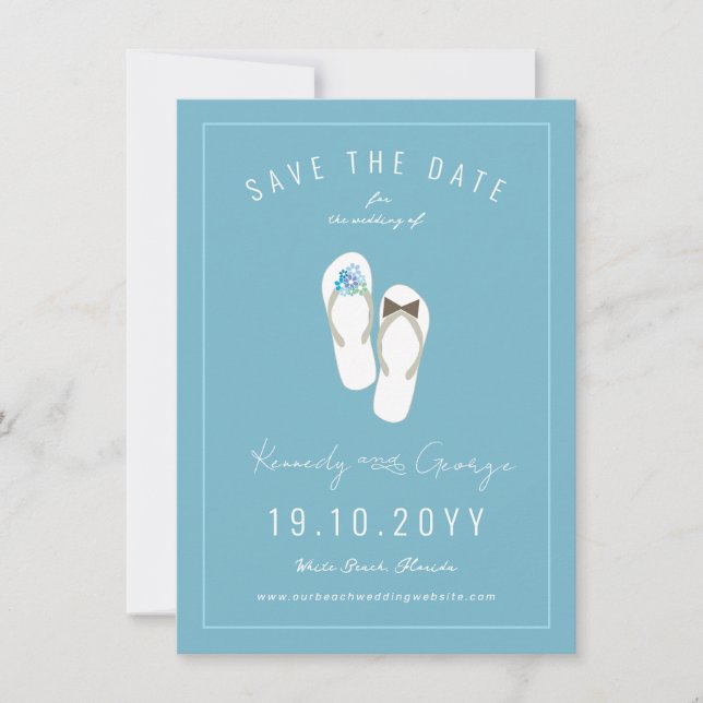 Reserva La Fecha Flip Flops Daisies Beach Wedding Photo (Anverso)