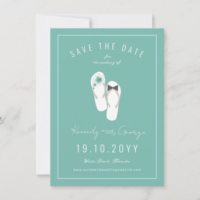 Reserva La Fecha Flip Flops Hibiscus Beach Wedding Photo (Anverso)