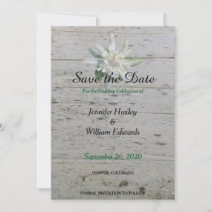Reserva La Fecha Flor alpina floral Edelweiss Boda de madera Barn