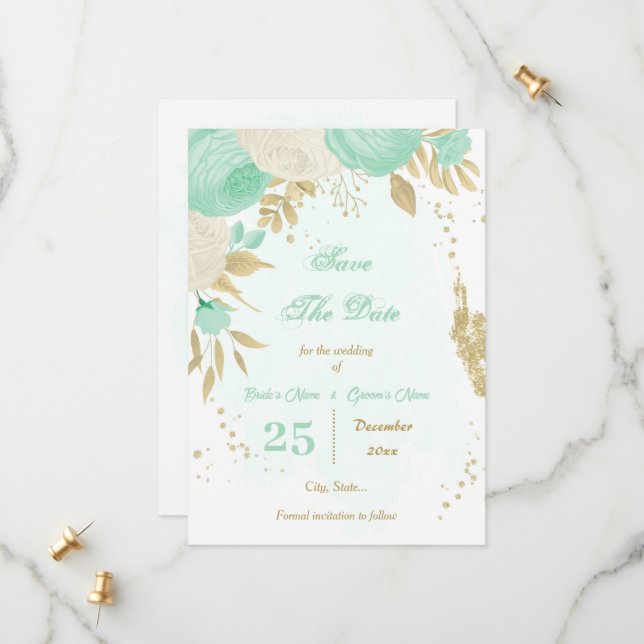 Reserva La Fecha flor blanca verde menta oro floral (Anverso/Reverso In Situ)