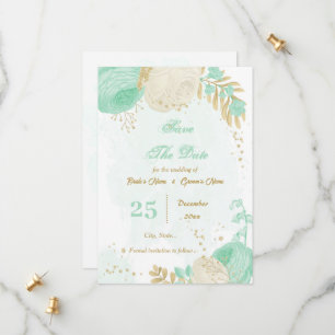 Reserva La Fecha flor blanca verde menta oro floral