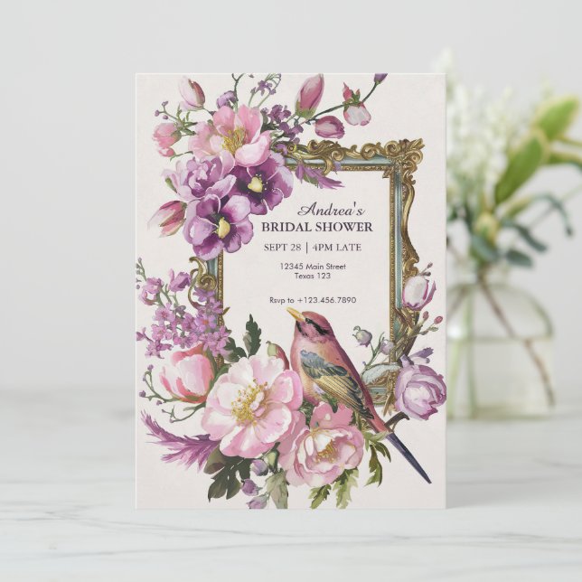 Reserva La Fecha Flor de acuarela rosa florece pájaro Despedida de  (Anverso de pie)