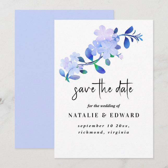 Reserva La Fecha flor de estilo acuarela azul polvoriento rústico y (Anverso / Reverso)