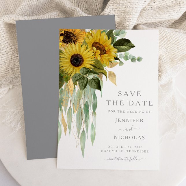 Reserva La Fecha Flor de girasoles grises ruidosos (Elegant Greenery Sunflower Wedding Save The Date)