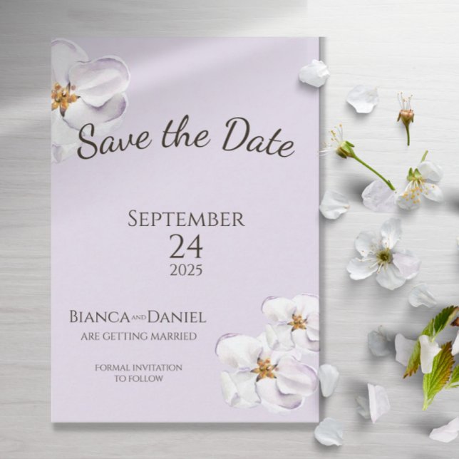 Reserva La Fecha flor de manantial de acuarela Guardar fecha (Lilac light purple with white spring watercolor flowers, floral in blossom)
