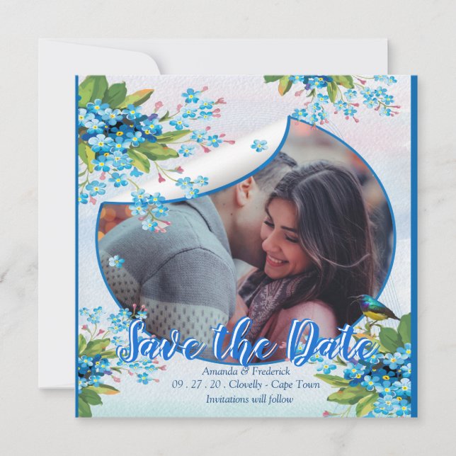Reserva La Fecha Flor de nomeolvides azul Save the dates (Anverso)