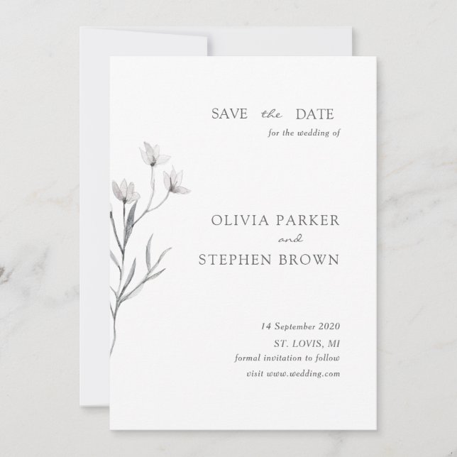 Reserva La Fecha Flor dibujada a mano. Boda blanco moderno simple (Anverso)