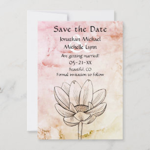 Reserva La Fecha Flor Lotus simple   Boda Bkg de Mármol de Oro Rosa