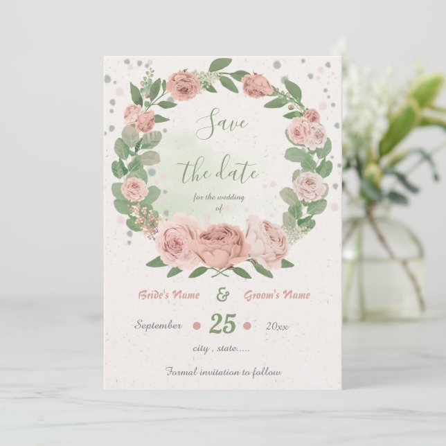 Reserva La Fecha flor rosa rubor de flores verde (Anverso de pie)