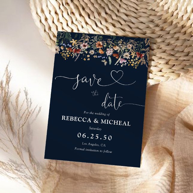 Reserva La Fecha Flor salvaje azul marina Tiny Save the Date Card (Subido por el creador)