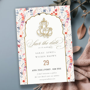 Reserva La Fecha Flor silvestre de oro rojo Ganesh Boda indio