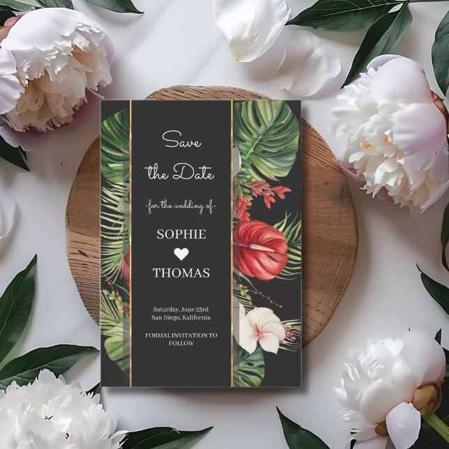 Reserva La Fecha Flor tropical y hojas boda oscuro (Subido por el creador)