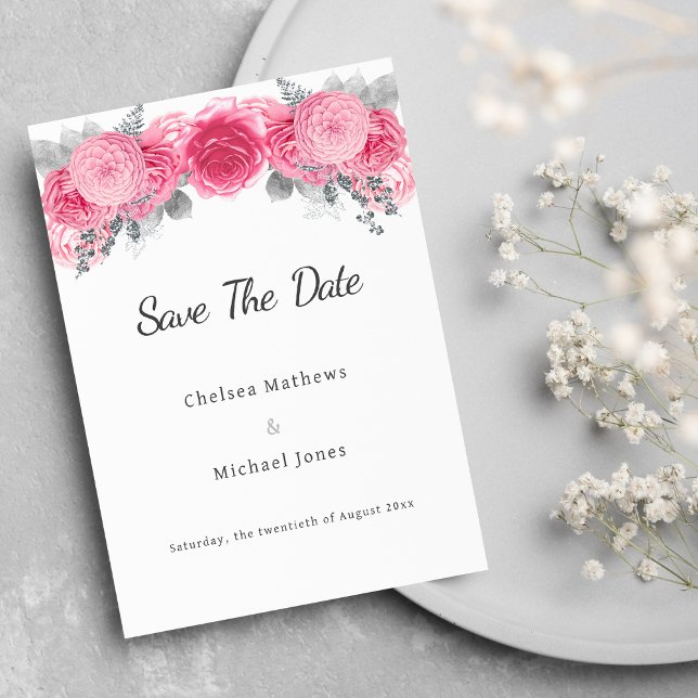 Reserva La Fecha Flora rosa blanca purpurina Plata Guardar la fecha (Glam silver glitter white pink flora Save The Date)