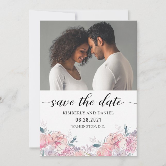 Reserva La Fecha Floral acuarela con tu foto Guardar la fecha (Anverso)