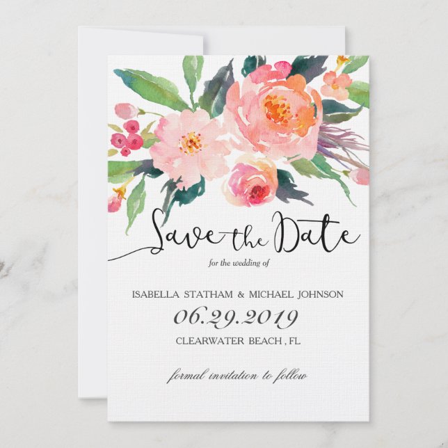 Reserva La Fecha Floral acuarela de moda Guardar la fecha (Anverso)