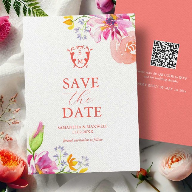 Reserva La Fecha Floral acuarela Guardar la fecha (Bold Floral Blooms watercolor save the date cards art by Victoria Grigaliunas Do Tell A Belle)