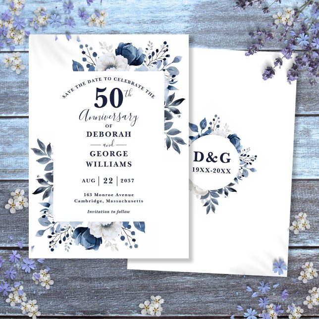 Reserva La Fecha Floral azul 50 aniversario Boda Salven la fecha (Blue Floral 50th Wedding Anniversary Save The Date)