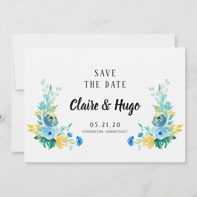Reserva La Fecha Floral azul acuarela Sea Save the Date (Anverso)
