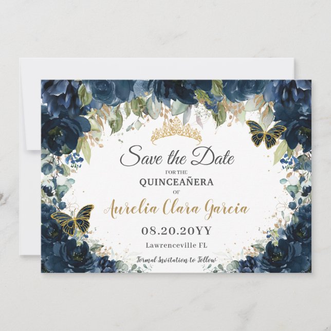 Reserva La Fecha Floral azul de la Marina Oscura Quinceañera salva  (Anverso)