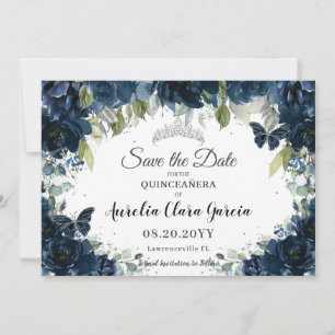 Reserva La Fecha Floral azul de la Marina Oscura XV Quinceañera Sal