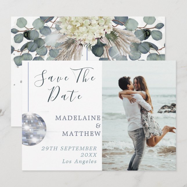 Reserva La Fecha Floral Azul Eucalyptus Disco Boda Elegante (Anverso / Reverso)