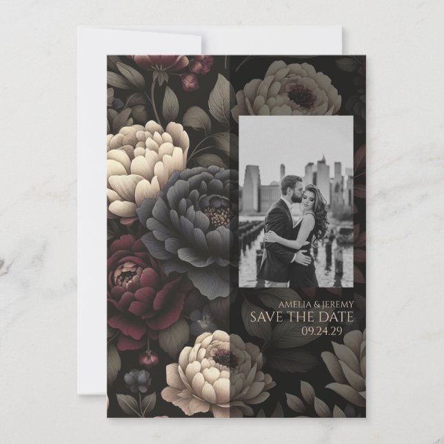 Reserva La Fecha Floral azul marino y borgoña (Anverso)