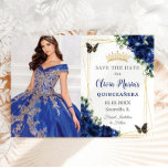 Reserva La Fecha Floral azul real Quinceañera Butterflies Foto<br><div class="desc">Personalice esta bonito floral azul real Quinceañera / dulce foto de 16 años / foto guarde la fecha fácil y rápidamente. Simplemente haga clic en el botón personalizar para editar los textos, cambiar las fuentes y los colores de las fuentes. Con vibrantes flores reales azules, mariposas y acentos dorados. Las...</div>