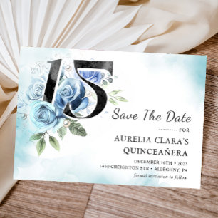 Reserva La Fecha Floral azul rústico Quinceanera 15 cumpleaños