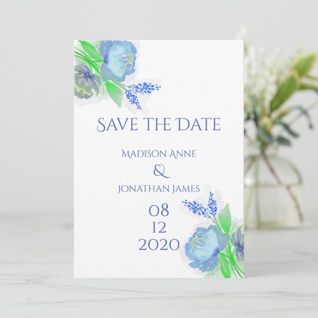 Reserva La Fecha Floral azul y verde elegante Bonito personalizada (Anverso de pie)
