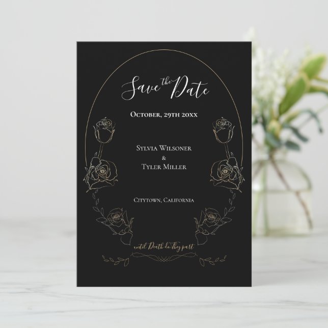 Reserva La Fecha Floral Black Gothic Wedding Save The Date (Anverso de pie)
