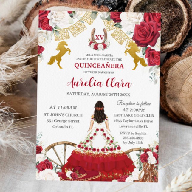 Reserva La Fecha Floral blanca roja salvaje Charro Occidental Quinc (quinceanera-mis-quince-charro-western-boots-horses-red-roses-floral-birthday-party-invitation)