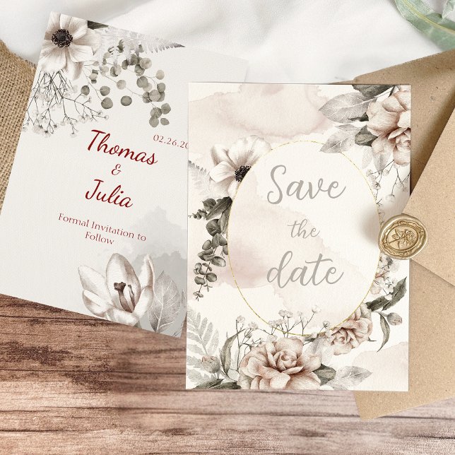 Reserva La Fecha Floral blanca y plateada elegante (Elegant Silver & White Floral Save The Date)