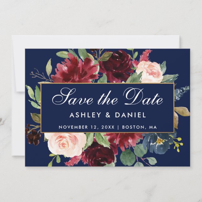 Reserva La Fecha Floral Blue Burgundy Gold Save The Date (Anverso)