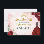 Reserva La Fecha Floral Burgundy Gold Princess Birthday Quinceanera<br><div class="desc">Floral Borgoña Rojo Marrón Oro Princesa vestido Purpurina Sparkle Tiara Mariposa Corona 15 cumpleaños Quinceanera Guardar la fecha</div>