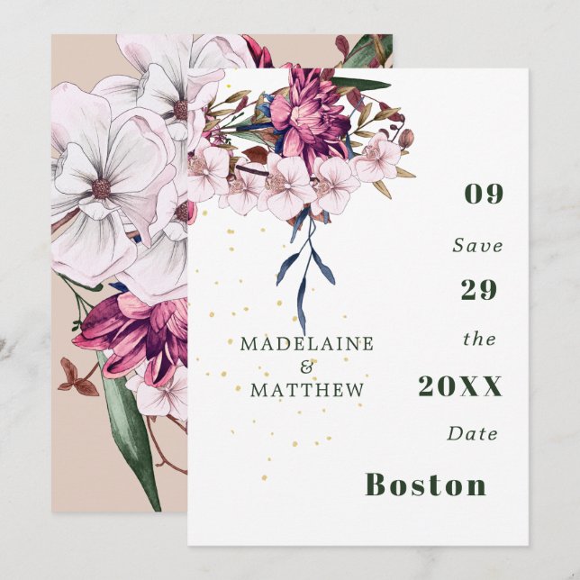 Reserva La Fecha Floral Burgundy Gold Rubor Moda elegante (Anverso / Reverso)