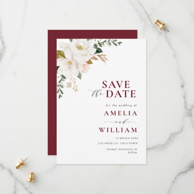 Reserva La Fecha floral burgundy Magnolia Save the Date (Anverso/Reverso In Situ)