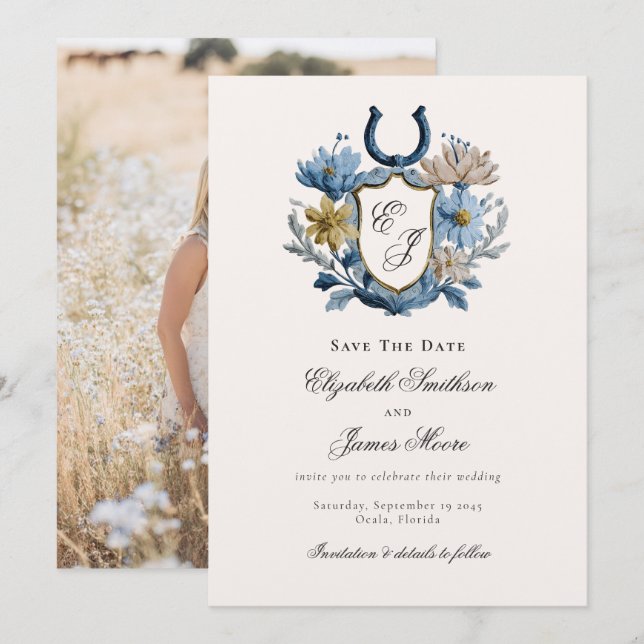 Reserva La Fecha Floral Crest Equestrian Horseshoe Monogram Photo (Anverso / Reverso)