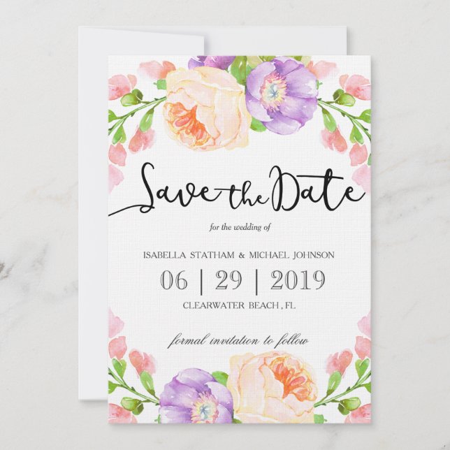 Reserva La Fecha Floral de acuarela de moda "Save the Date" (Anverso)