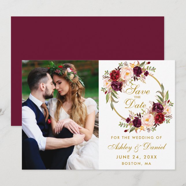 Reserva La Fecha Floral de Borgoña Wreath Gold Save the Date Photo (Anverso / Reverso)