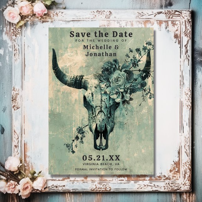 Reserva La Fecha Floral de cráneo de vaca rústica Boho Boda occiden (Front - Rustic Cow Skull Floral Boho Western Wedding Save The Date)