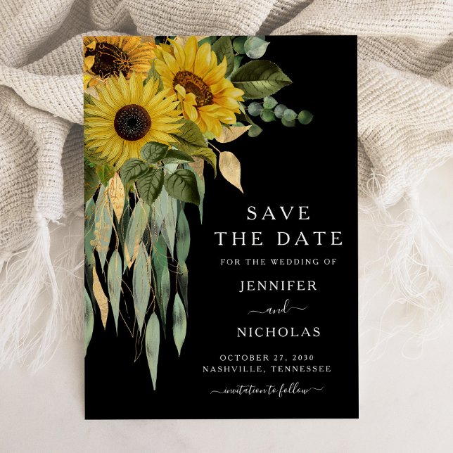 Reserva La Fecha Floral de girasoles negros rústicos (Sunflower Eucalyptus Floral Black Wedding Save The Date)