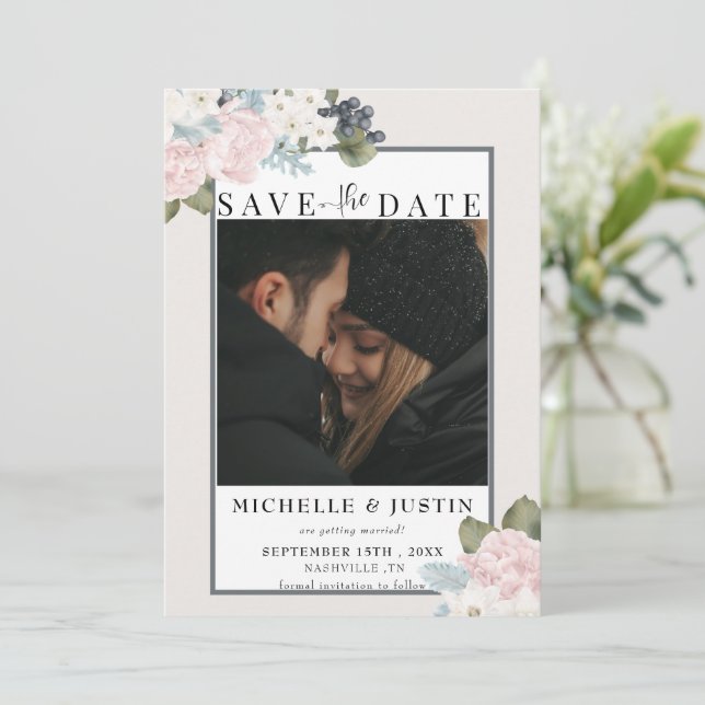 Reserva La Fecha Floral de Invierno | Boda de Foto Rústica (Anverso de pie)
