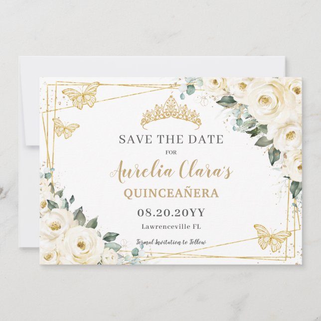 Reserva La Fecha Floral de marfil blanco Quinceanera dulce 16 marip (Anverso)